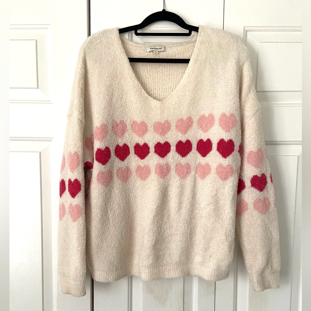 Francesca's Collections Cream and Pink Heart V-Neck Sweater